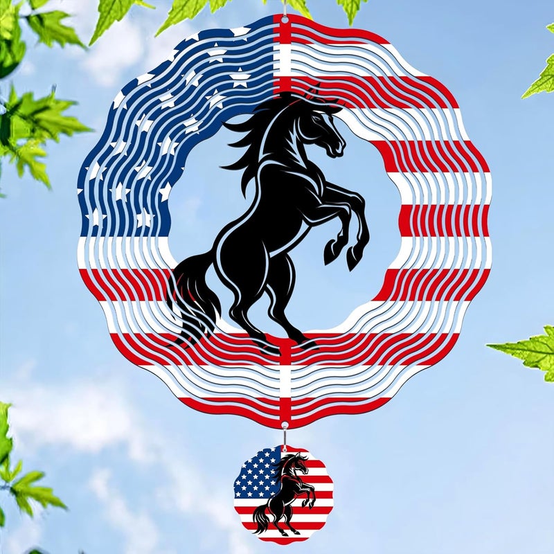 INCOK Horse Wind Spinners Outdoor - Horse Gifts for Men Women, American Flag Wind Chime for Outside, Hanging Metal Wind Sculptures for Garden Indoor Patio Lawn Yard, Veterans Day - Image 1